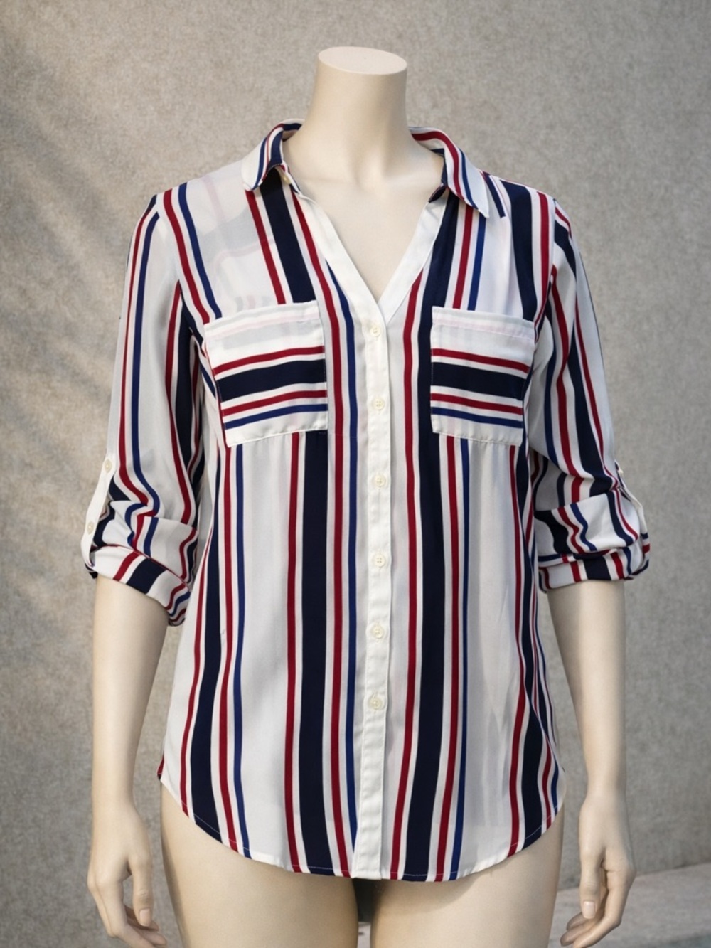Express Striped Button-Down Shirt in White, Navy & Red